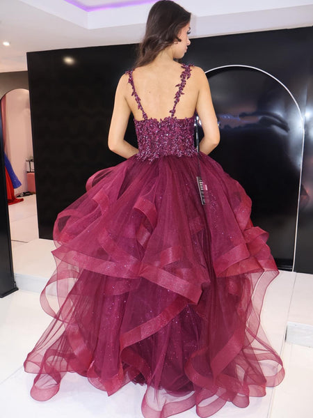 V Neck Fluffy Burgundy Lace Long Prom Dresses, Burgundy Lace Formal Dresses, Burgundy Tulle Evening Dresses SP3436