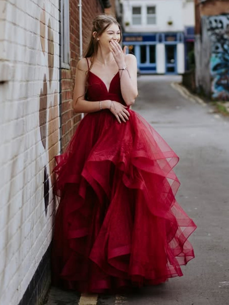 V Neck Fluffy Burgundy Tulle Long Prom Dresses, Burgundy Formal Evening Dresses, Ball Gown SP3322