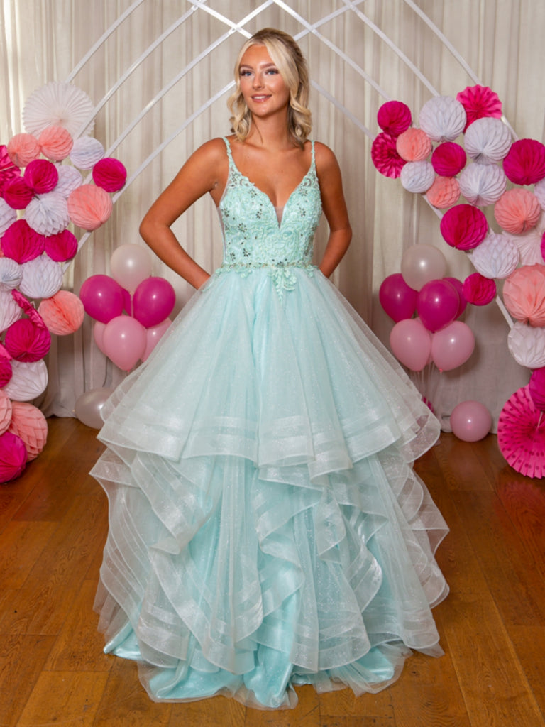 V Neck Fluffy Mint Green Lace Long Prom Dresses, Mint Green Lace Formal Evening Dresses, Mint Green Ball Gown SP2882