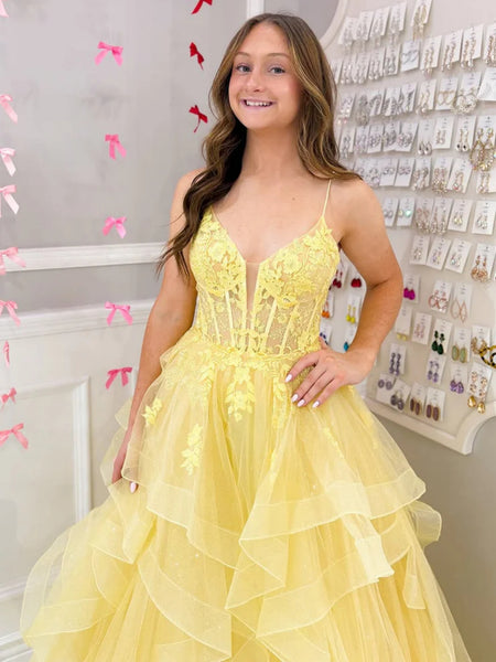 V Neck Fluffy Yellow Lace Long Prom Dresses, Yellow Lace Formal Dresses, Long Yellow Evening Dresses SP3121