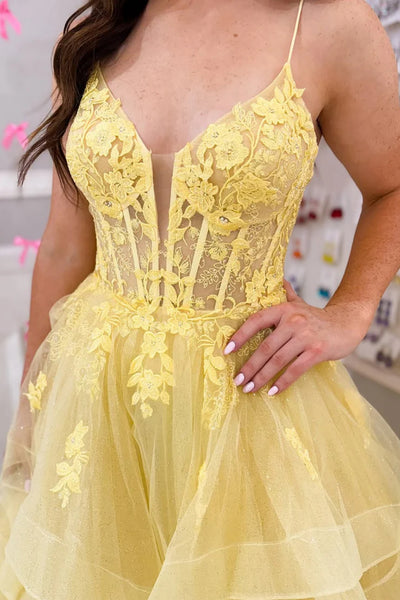 V Neck Fluffy Yellow Lace Long Prom Dresses, Yellow Lace Formal Dresses, Long Yellow Evening Dresses SP3121