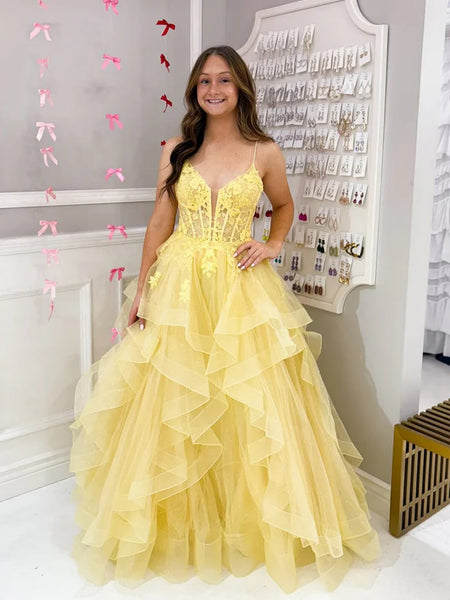 V Neck Fluffy Yellow Lace Long Prom Dresses, Yellow Lace Formal Dresses, Long Yellow Evening Dresses SP3121