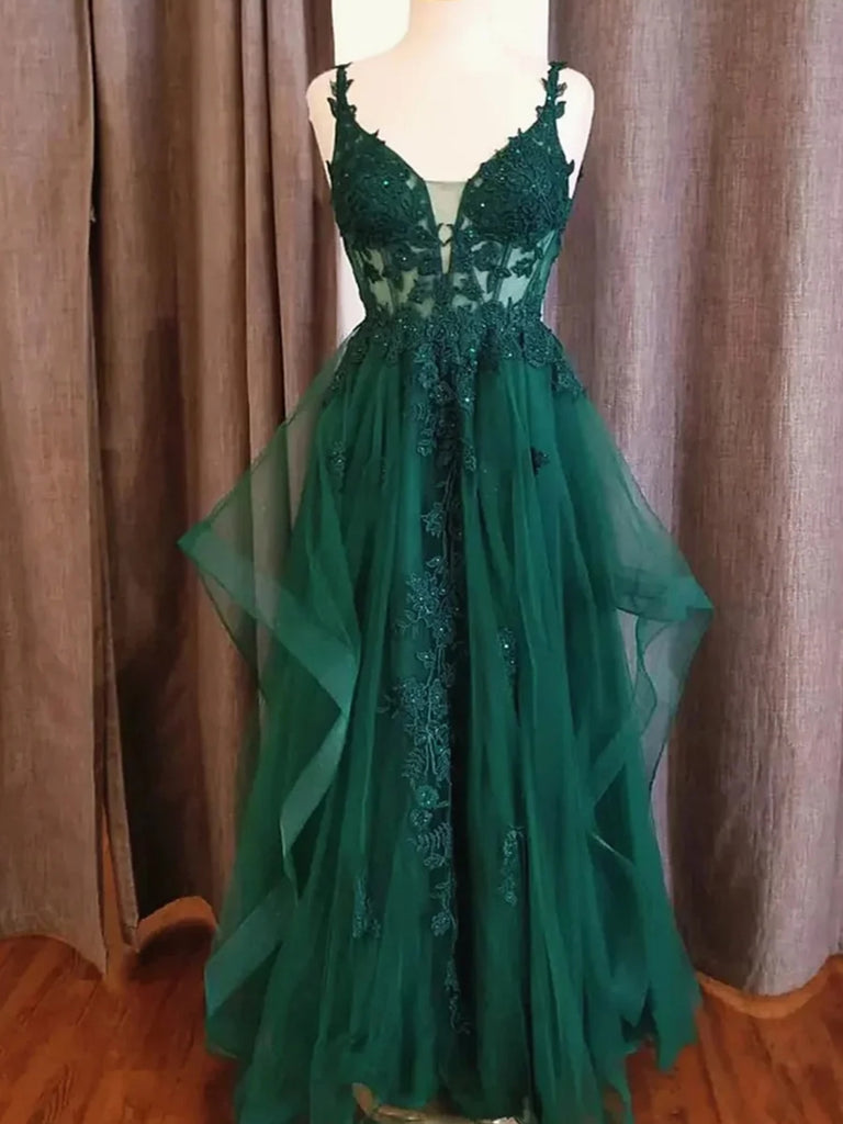 V Neck Green Lace Long Prom Dresses, Green Lace Formal Dresses, Green Evening Dresses SP2919