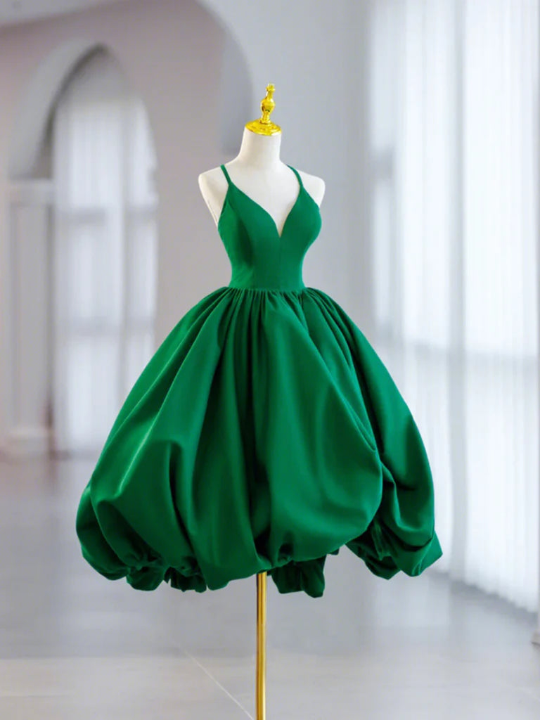 V Neck Green Satin Short Prom Dresses, V Neck Green Homecoming Dresses, Short Green Formal Evening Dresses SP2727