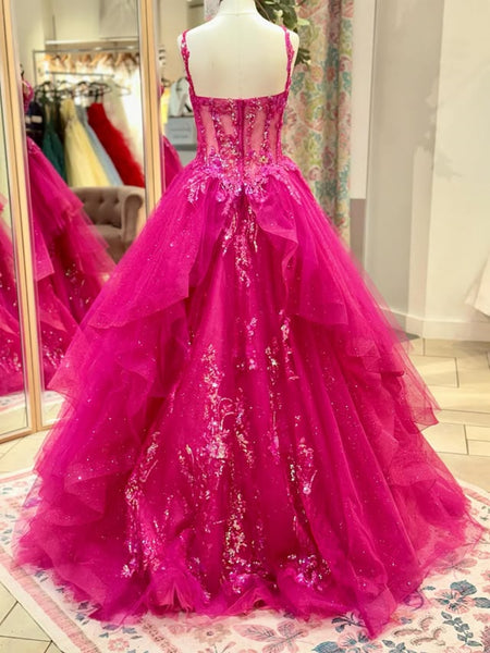 V Neck High Low Hot Pink Lace Long Prom Dresses, Hot Pink Lace Formal Dresses, Lace Evening Dresses SP3384