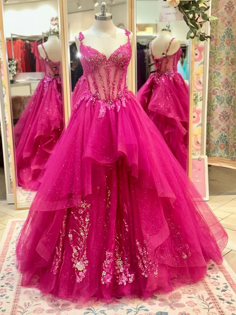 V Neck High Low Hot Pink Lace Long Prom Dresses, Hot Pink Lace Formal Dresses, Lace Evening Dresses SP3384