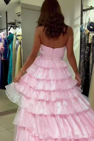 V Neck High Low Pink Tulle Long Prom Dresses, High Low Pink Formal Dresses, Pink Evening Dresses SP3258