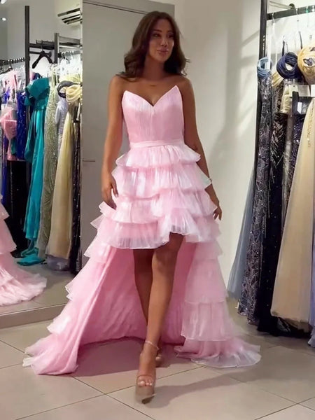 V Neck High Low Pink Tulle Long Prom Dresses, High Low Pink Formal Dresses, Pink Evening Dresses SP3258