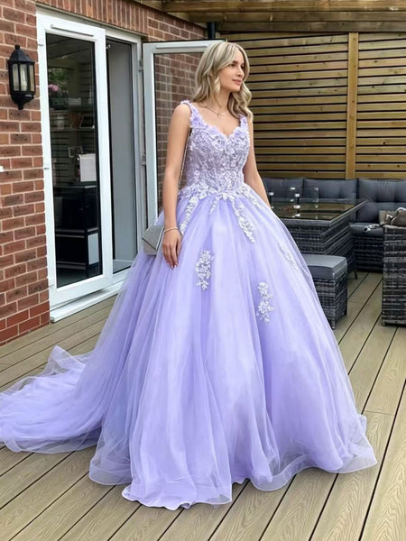 V Neck Lavender Lace Long Prom Dresses, Lavender Lace Formal Evening Dresses, Lavender Ball Gown SP3502