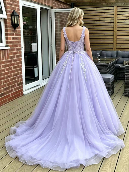 V Neck Lavender Lace Long Prom Dresses, Lavender Lace Formal Evening Dresses, Lavender Ball Gown SP3502