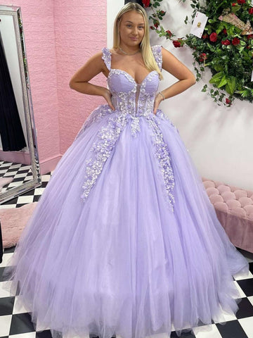 V Neck Lavender Lace Long Prom Dresses, Lavender Lace Formal Evening Dresses, Lavender Ball Gown SP3450