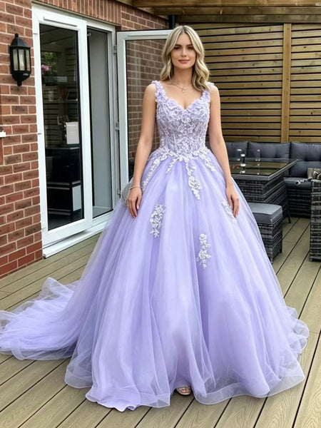 V Neck Lavender Lace Long Prom Dresses, Lavender Lace Formal Evening Dresses, Lavender Ball Gown SP3502