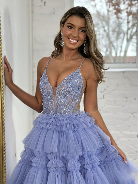 V Neck Layered Tulle Blue Lace Long Prom Dresses, Blue Lace Formal Dresses, Blue Evening Dresses SP2879