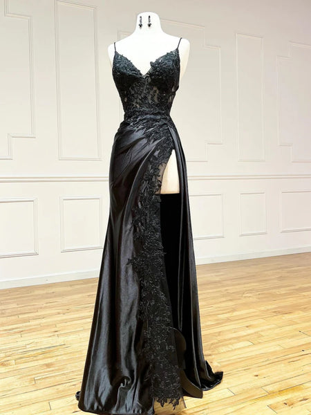 V Neck Mermaid Black Lace Long Prom Dresses with High Slit, Black Lace Formal Dresses, Mermaid Black Evening Dresses SP2717