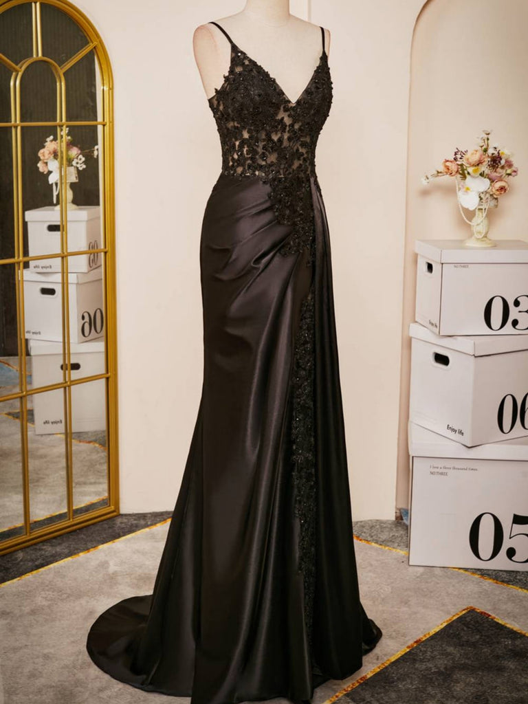 V Neck Mermaid Black Lace Top Long Prom Dresses, Mermaid Black Formal Shiny Party V Neck Mermaid Black Lace Top Long Prom Dresses, Mermaid Black Formal Shiny Party
