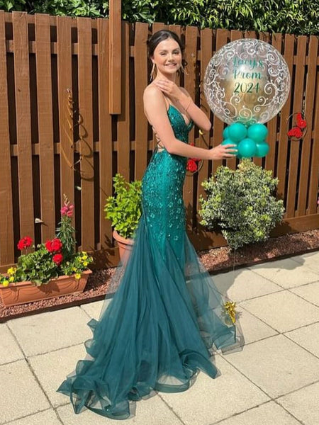 V Neck Mermaid Green Lace Long Prom Dresses, Green Lace Formal Dresses, Long Green Evening Dresses SP3050