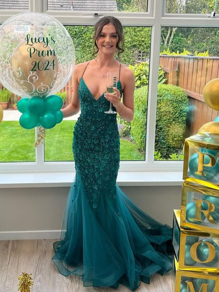 V Neck Mermaid Green Lace Long Prom Dresses, Green Lace Formal Dresses, Long Green Evening Dresses SP3050