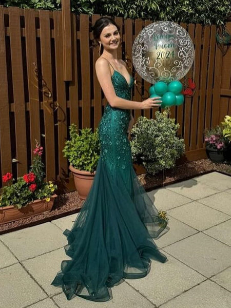 V Neck Mermaid Green Lace Long Prom Dresses, Green Lace Formal Dresses, Long Green Evening Dresses SP3050