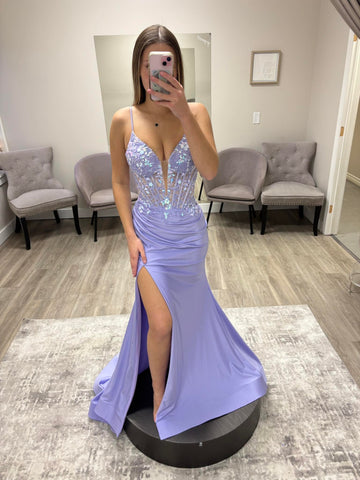 V Neck Mermaid Lavender Lace Long Prom Dresses with Slit, Mermaid Lavender Formal Dresses, Lavender Lace Evening Dresses SP3334