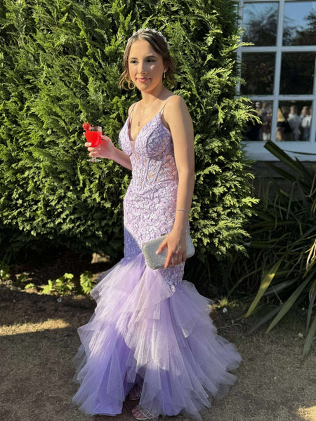 V Neck Mermaid Lilac Lace Long Prom Dresses, Purple Lace Formal Dresses, Lilac Evening Dresses SP3324