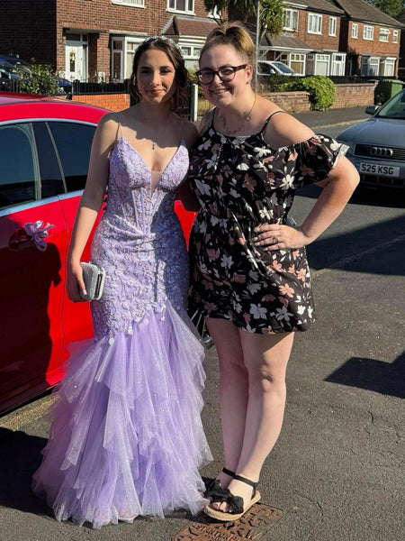 V Neck Mermaid Lilac Lace Long Prom Dresses, Purple Lace Formal Dresses, Lilac Evening Dresses SP3324