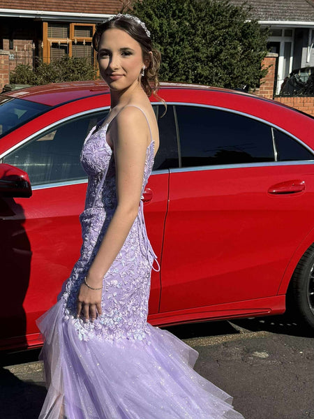 V Neck Mermaid Lilac Lace Long Prom Dresses, Purple Lace Formal Dresses, Lilac Evening Dresses SP3324