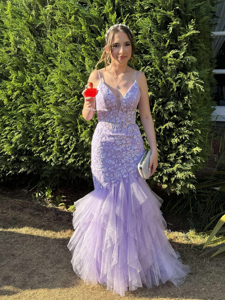 V Neck Mermaid Lilac Lace Long Prom Dresses, Purple Lace Formal Dresses, Lilac Evening Dresses SP3324