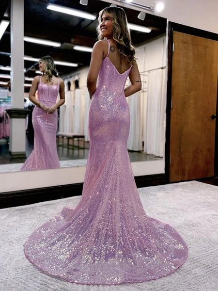 V Neck Mermaid Lilac Sequins Long Prom Dresses, Mermaid Lilac Formal Dresses, Lilac Evening Dresses SP2823
