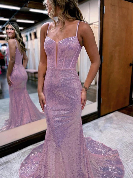 V Neck Mermaid Lilac Sequins Long Prom Dresses, Mermaid Lilac Formal Dresses, Lilac Evening Dresses SP2823