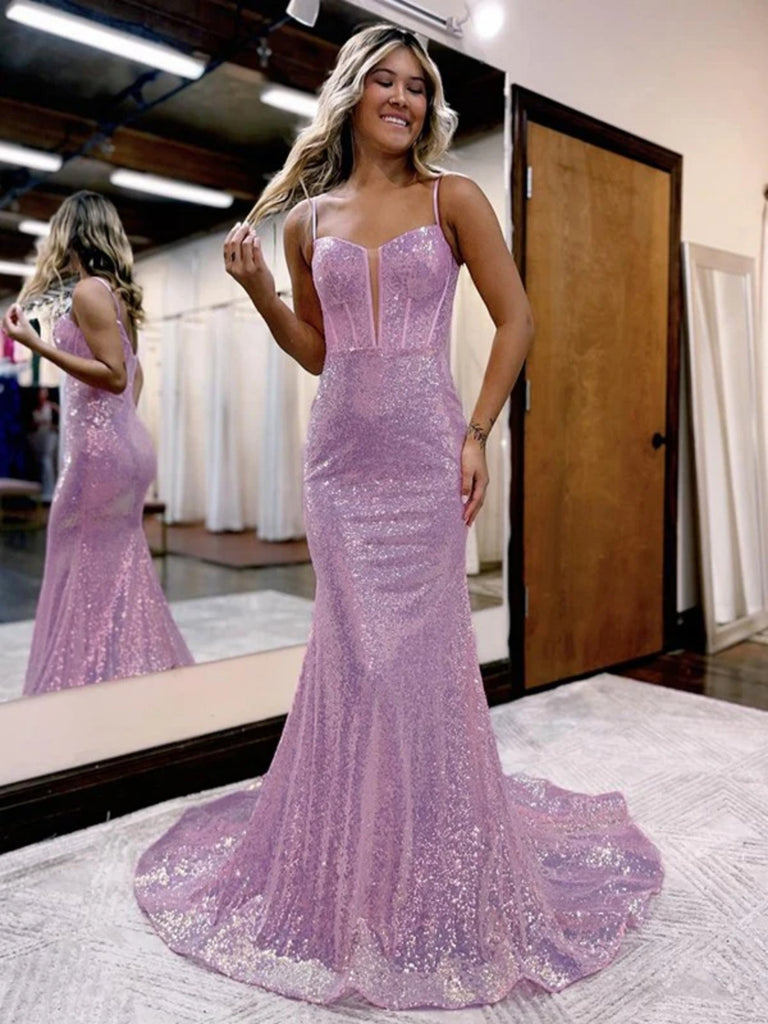 Mermaid Sequins V Neck Lilac Prom Dresses With Slit,Gorgeous Evening Party  Dress CHP0163