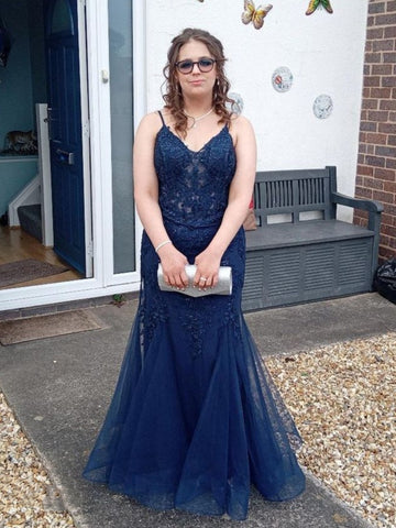 V Neck Mermaid Navy Blue Lace Long Prom Dresses, Mermaid Navy Blue Formal Dresses, Navy Blue Evening Dresses SP3453