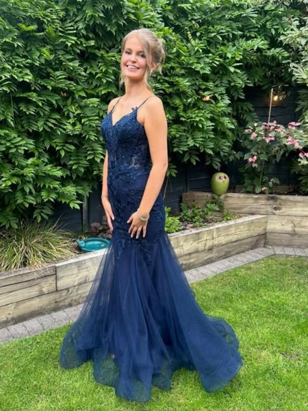 V Neck Mermaid Navy Blue Lace Long Prom Dresses, Mermaid Navy Blue Formal Dresses, Navy Lace Evening Dresses SP3499