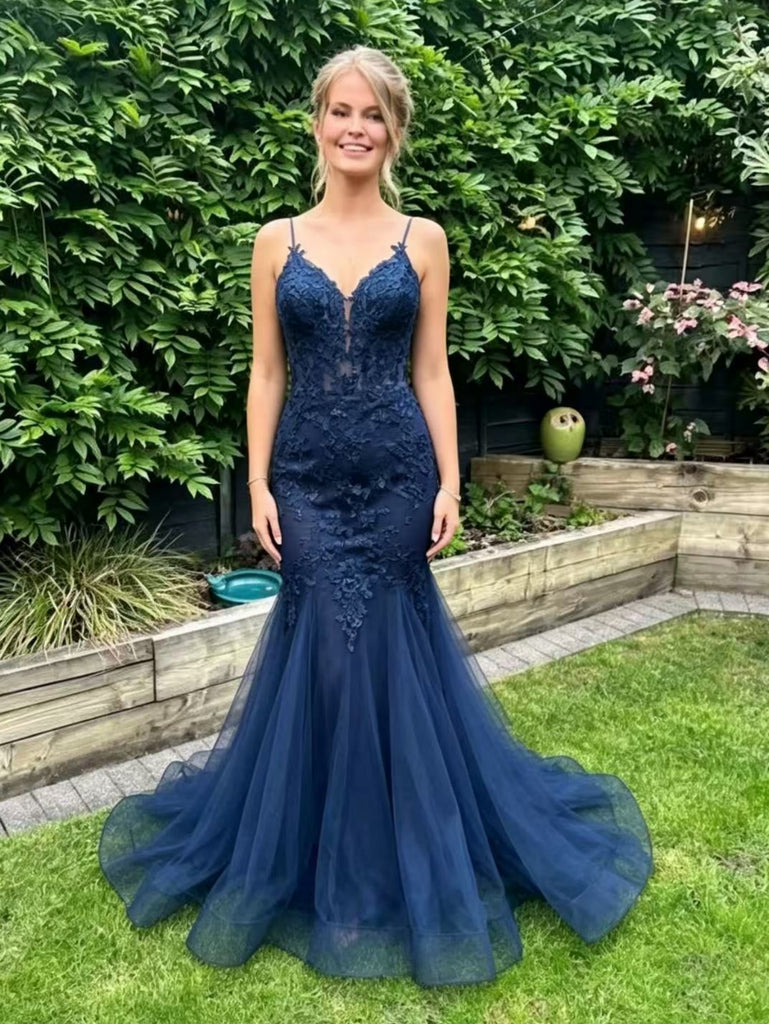 V Neck Mermaid Navy Blue Lace Long Prom Dresses, Mermaid Navy Blue Formal Dresses, Navy Lace Evening Dresses SP3499
