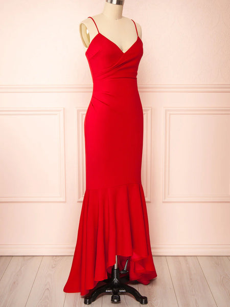 V Neck Mermaid Red Long Prom Dresses, Mermaid Red Formal Dresses, Long Red Evening Dresses SP2721