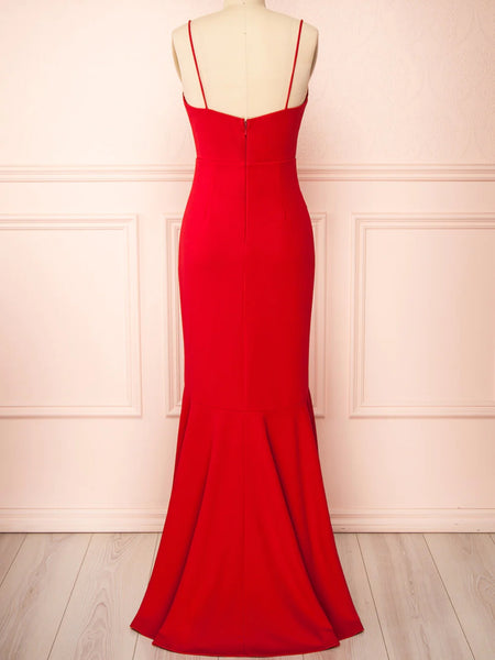 V Neck Mermaid Red Long Prom Dresses, Mermaid Red Formal Dresses, Long Red Evening Dresses SP2721