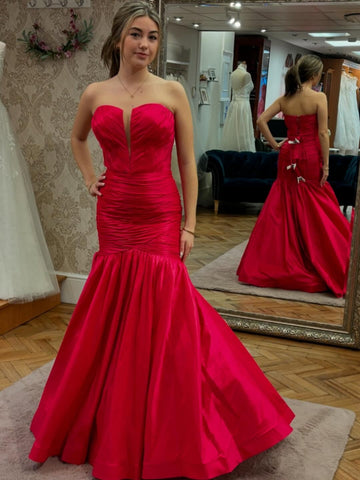 V Neck Mermaid Red Satin Long Prom Dresses, Mermaid Red Formal Dresses, Red Evening Dresses SP3328