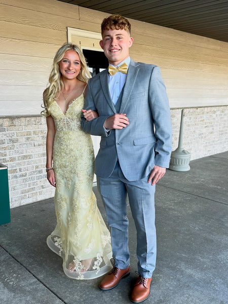 V Neck Mermaid Yellow Lace Long Prom Dresses, Yellow Lace Formal Dresses, Mermaid Yellow Evening Dresses SP3217