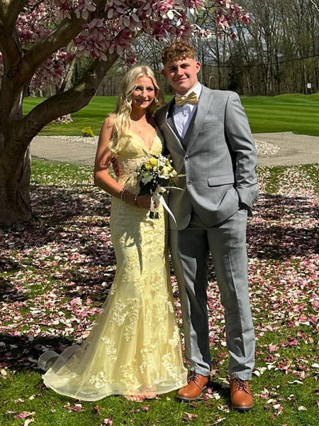 V Neck Mermaid Yellow Lace Long Prom Dresses, Yellow Lace Formal Dresses, Mermaid Yellow Evening Dresses SP3217