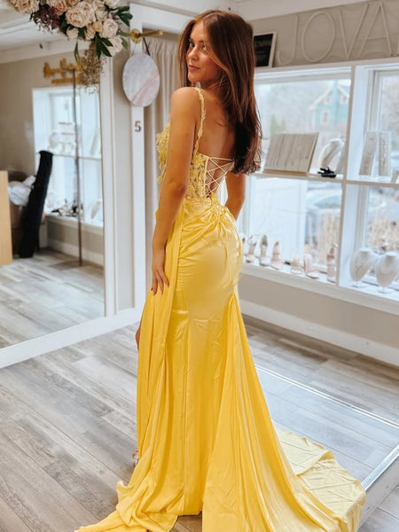 V Neck Mermaid Yellow Lace Long Prom Dresses with Slit, Yellow Lace Formal Dresses, Yellow Evening Dresses SP3274