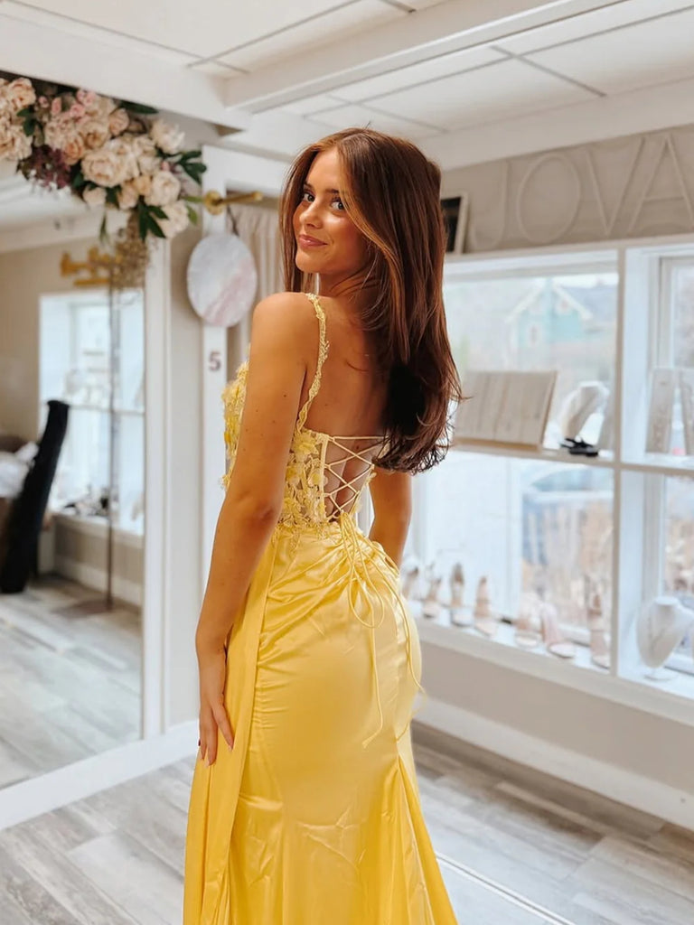 V Neck Mermaid Yellow Lace Long Prom Dresses with Slit, Yellow Lace Fo Shiny Party V Neck Mermaid Yellow Lace Long Prom Dresses with Slit, Yellow Lace Fo Shiny Party