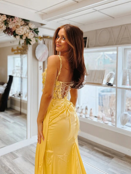 V Neck Mermaid Yellow Lace Long Prom Dresses with Slit, Yellow Lace Formal Dresses, Yellow Evening Dresses SP3274