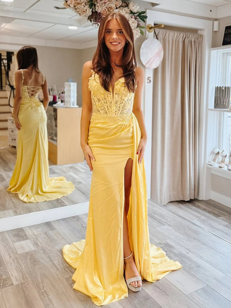 V Neck Mermaid Yellow Lace Long Prom Dresses with Slit, Yellow Lace Fo Shiny Party V Neck Mermaid Yellow Lace Long Prom Dresses with Slit, Yellow Lace Fo Shiny Party