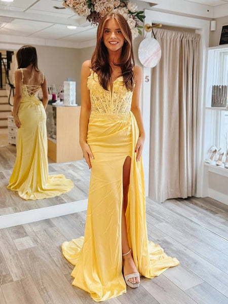 V Neck Mermaid Yellow Lace Long Prom Dresses with Slit, Yellow Lace Formal Dresses, Yellow Evening Dresses SP3274