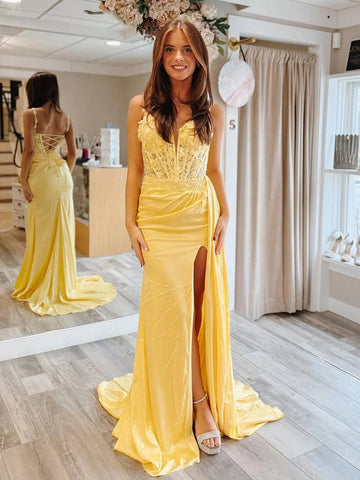 V Neck Mermaid Yellow Lace Long Prom Dresses with Slit, Yellow Lace Formal Dresses, Yellow Evening Dresses SP3274