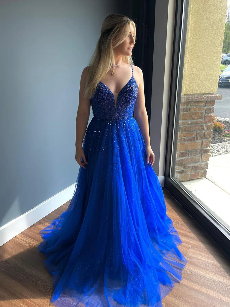 Wholesale V Neck Open Back Beaded Blue Prom Dresses Shiny Party Wholesale V Neck Open Back Beaded Blue Prom Dresses Shiny Party