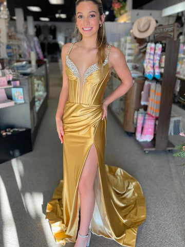 V Neck Open Back Beaded Mermaid Gold Long Prom Dresses with High Slit, Mermaid Gold Formal Graduation Evening Dresses