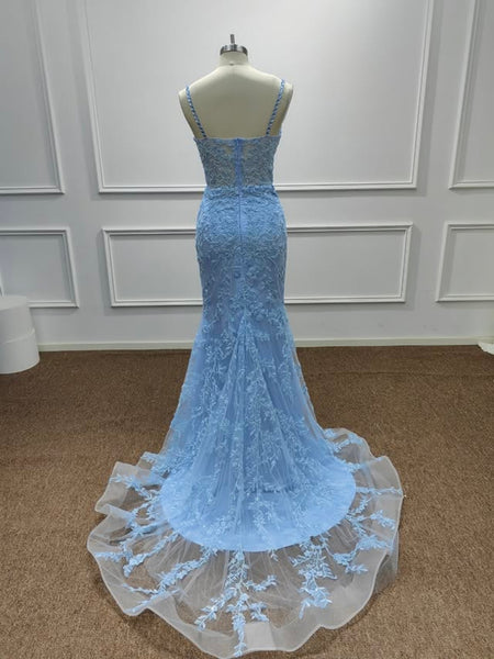 V Neck Open Back Beaded Mermaid Light Blue Lace Long Prom Dresses, Light Blue Lace Formal Dresses, Light Blue Evening Dresses SP3396