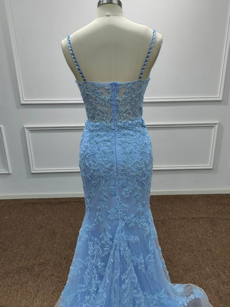 V Neck Open Back Beaded Mermaid Light Blue Lace Long Prom Dresses, Light Blue Lace Formal Dresses, Light Blue Evening Dresses SP3396