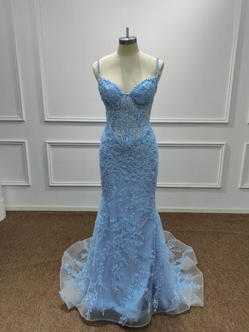 V Neck Open Back Beaded Mermaid Light Blue Lace Long Prom Dresses, Light Blue Lace Formal Dresses, Light Blue Evening Dresses SP3396