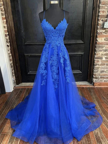 Wholesale V Neck Open Back Blue Lace Long Prom Dresses